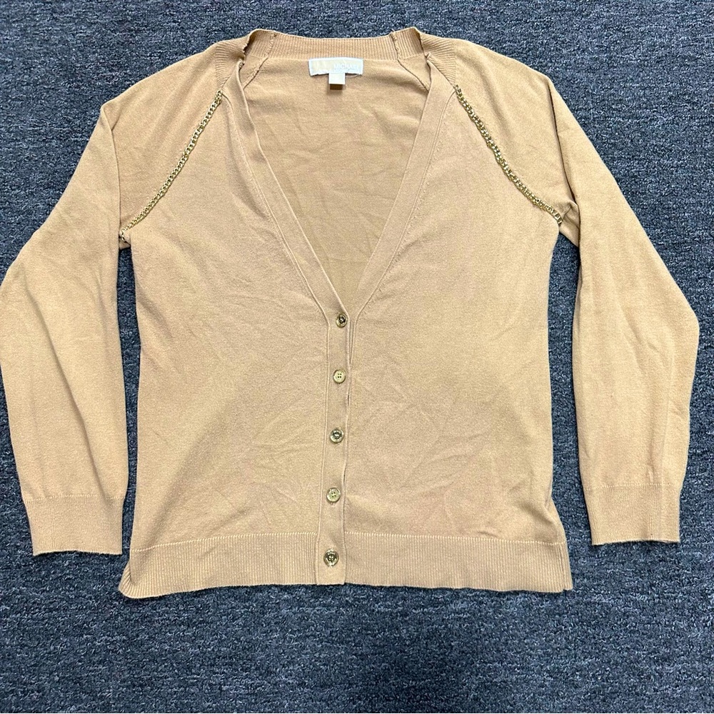 Michael Kors Gold ChainLink V Neck Knit Gold Button Down Sweater Womens Size M
